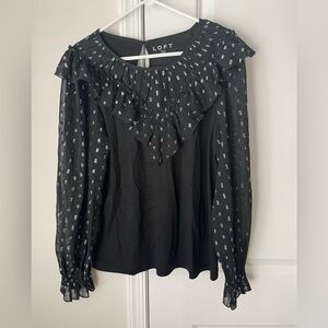 LOFT Black and Silver Textured Long Sleeve Sheer Blouse Large NWT